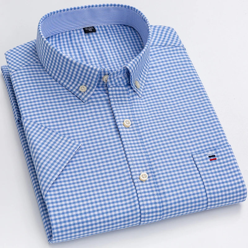 2024 100% Pure Cotton Men's Oxford Short Sleeve Square Collar Soild Plaid Striped Summer Casual Shirts Single Pocket Shirt