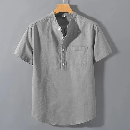 New Mens Short Sleeve T Shirts Solid Color Stand Up Collar Shirt Summer Trendy Breathable Loose Youth Basic Cotton Pocket Top
