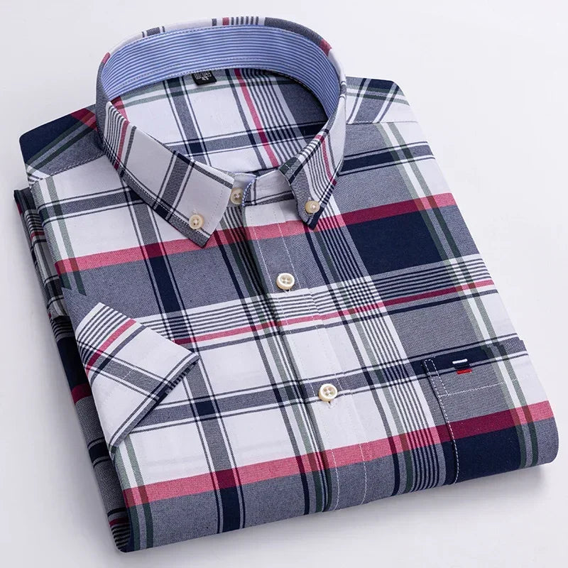 2024 100% Pure Cotton Men's Oxford Short Sleeve Square Collar Soild Plaid Striped Summer Casual Shirts Single Pocket  Shirt