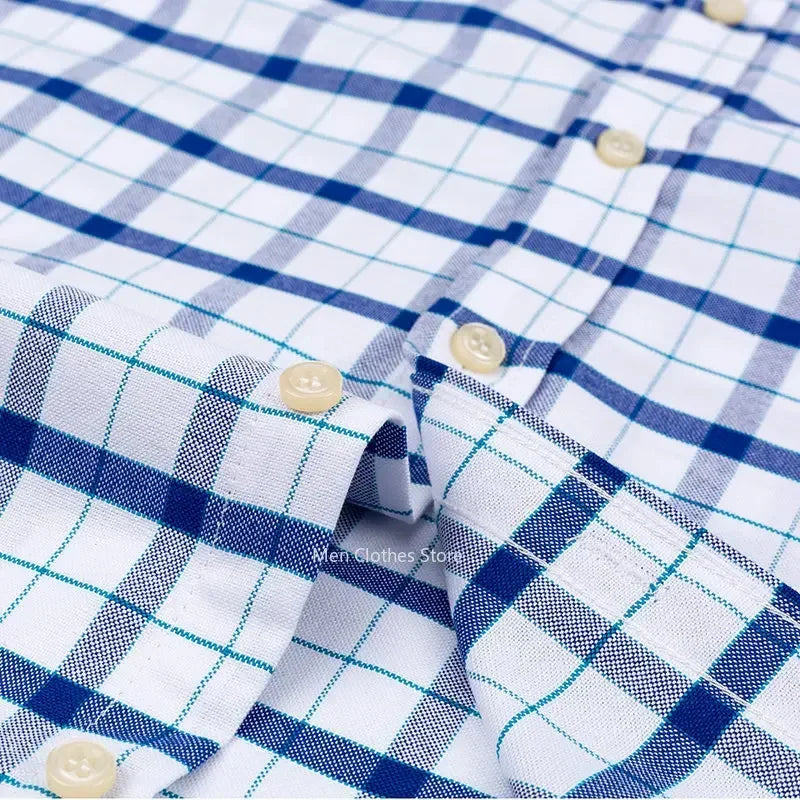 2024 100% Pure Cotton Men's Oxford Short Sleeve Square Collar Soild Plaid Striped Summer Casual Shirts Single Pocket  Shirt