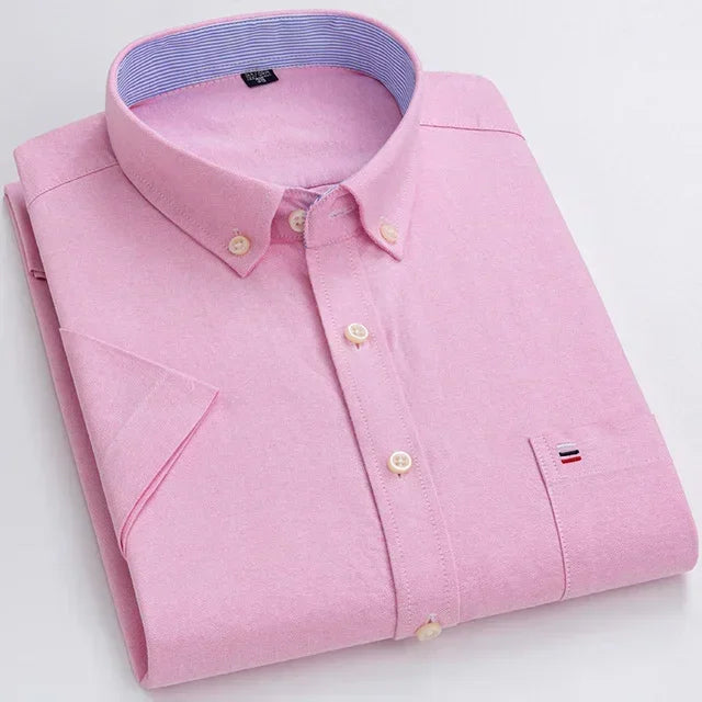 2024 100% Pure Cotton Men's Oxford Short Sleeve Square Collar Soild Plaid Striped Summer Casual Shirts Single Pocket  Shirt