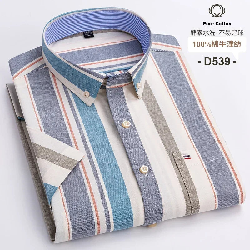 2024 100% Pure Cotton Men's Oxford Short Sleeve Square Collar Soild Plaid Striped Summer Casual Shirts Single Pocket  Shirt
