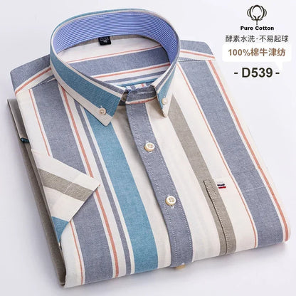 2024 100% Pure Cotton Men's Oxford Short Sleeve Square Collar Soild Plaid Striped Summer Casual Shirts Single Pocket  Shirt