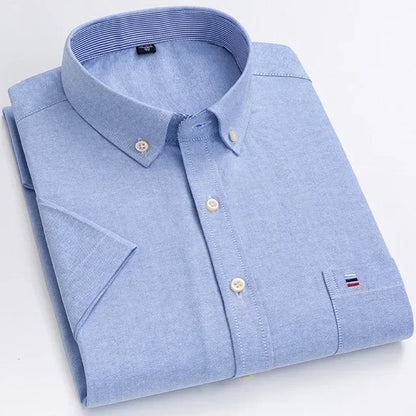 2024 100% Pure Cotton Men's Oxford Short Sleeve Square Collar Soild Plaid Striped Summer Casual Shirts Single Pocket  Shirt