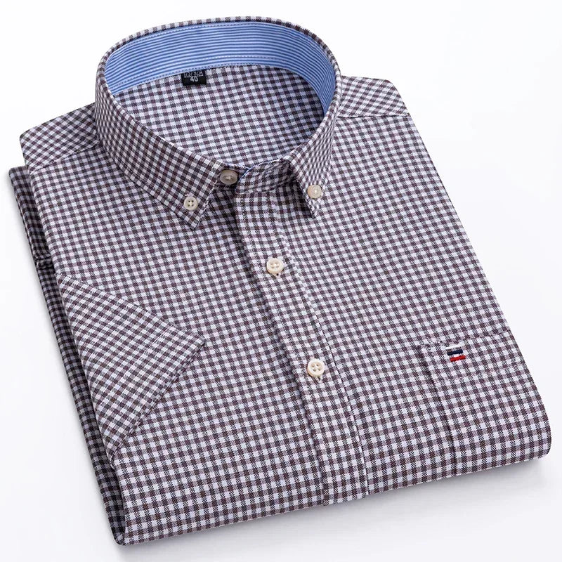 2024 100% Pure Cotton Men's Oxford Short Sleeve Square Collar Soild Plaid Striped Summer Casual Shirts Single Pocket  Shirt