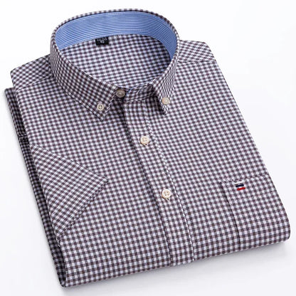2024 100% Pure Cotton Men's Oxford Short Sleeve Square Collar Soild Plaid Striped Summer Casual Shirts Single Pocket  Shirt