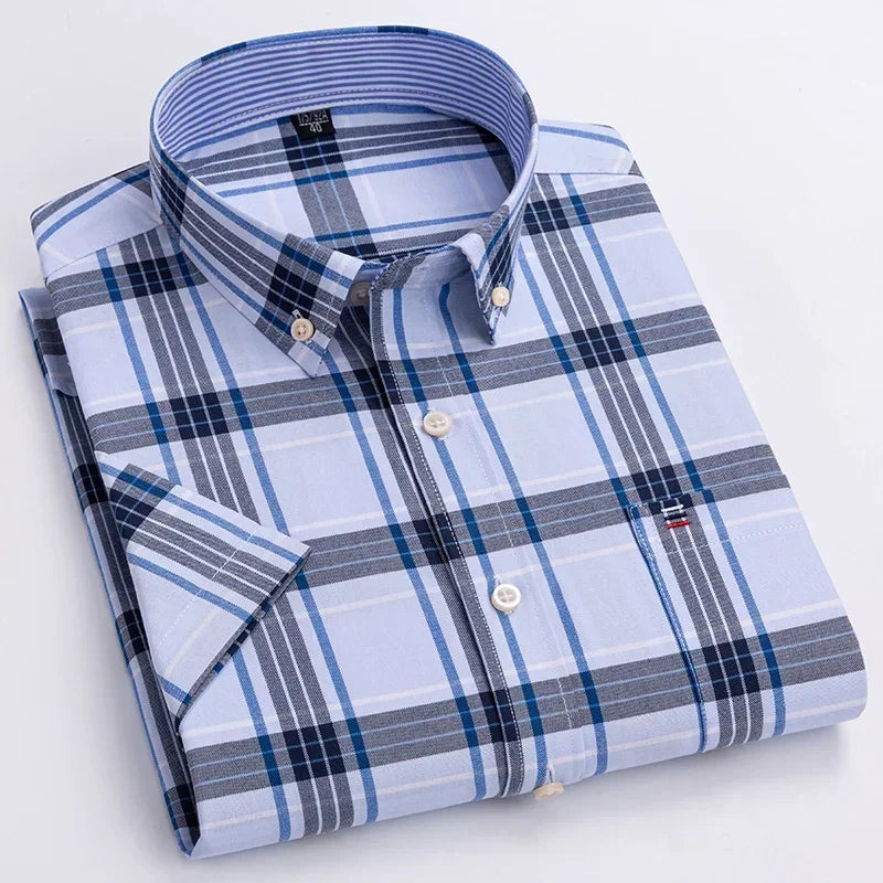 2024 100% Pure Cotton Men's Oxford Short Sleeve Square Collar Soild Plaid Striped Summer Casual Shirts Single Pocket  Shirt