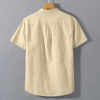 New Mens Short Sleeve T Shirts Solid Color Stand Up Collar Shirt Summer Trendy Breathable Loose Youth Basic Cotton Pocket Top