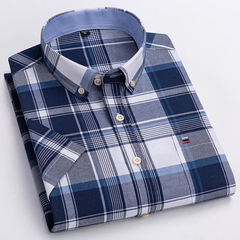 2024 100% Pure Cotton Men's Oxford Short Sleeve Square Collar Soild Plaid Striped Summer Casual Shirts Single Pocket  Shirt