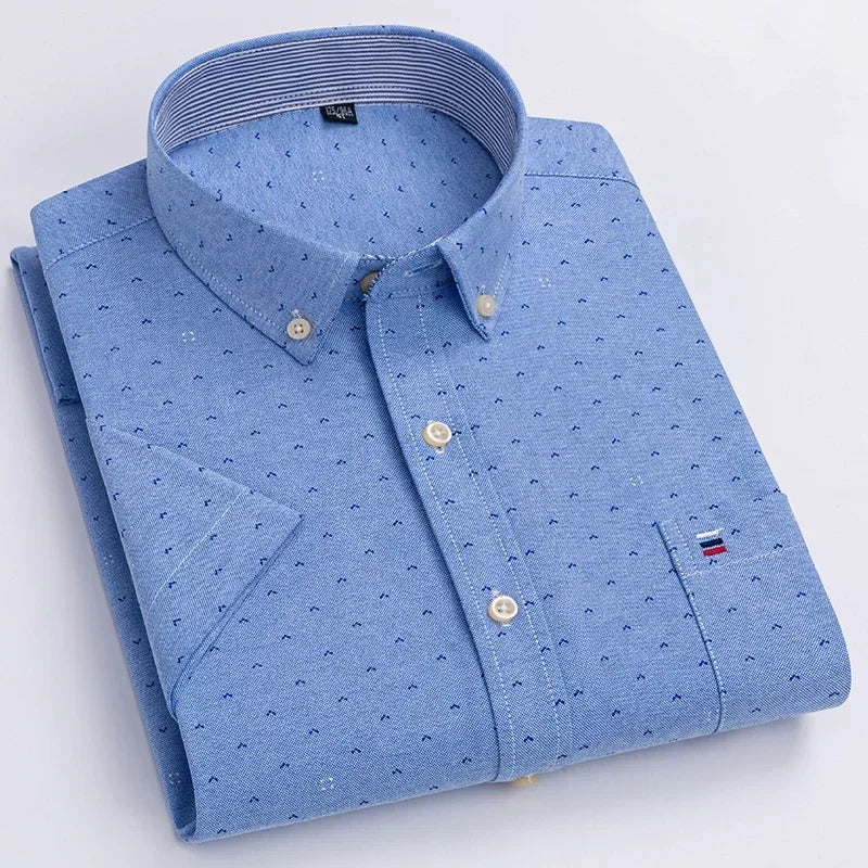 2024 100% Pure Cotton Men's Oxford Short Sleeve Square Collar Soild Plaid Striped Summer Casual Shirts Single Pocket  Shirt
