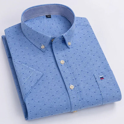 2024 100% Pure Cotton Men's Oxford Short Sleeve Square Collar Soild Plaid Striped Summer Casual Shirts Single Pocket  Shirt