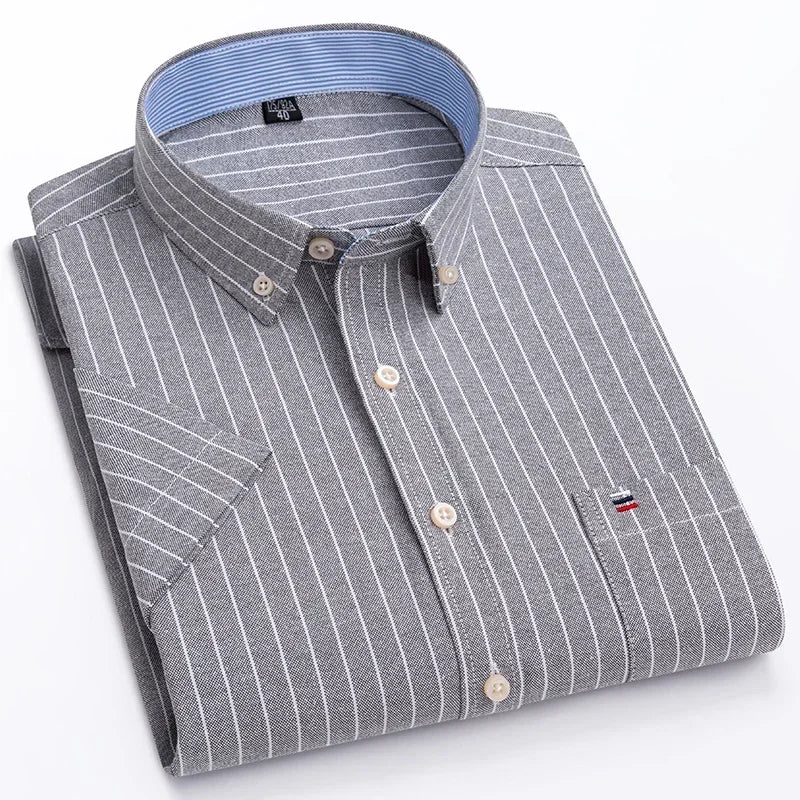 2024 100% Pure Cotton Men's Oxford Short Sleeve Square Collar Soild Plaid Striped Summer Casual Shirts Single Pocket  Shirt