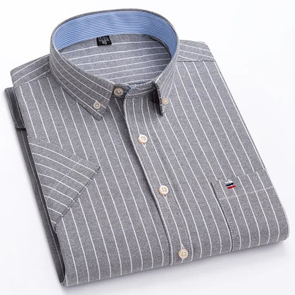 2024 100% Pure Cotton Men's Oxford Short Sleeve Square Collar Soild Plaid Striped Summer Casual Shirts Single Pocket  Shirt