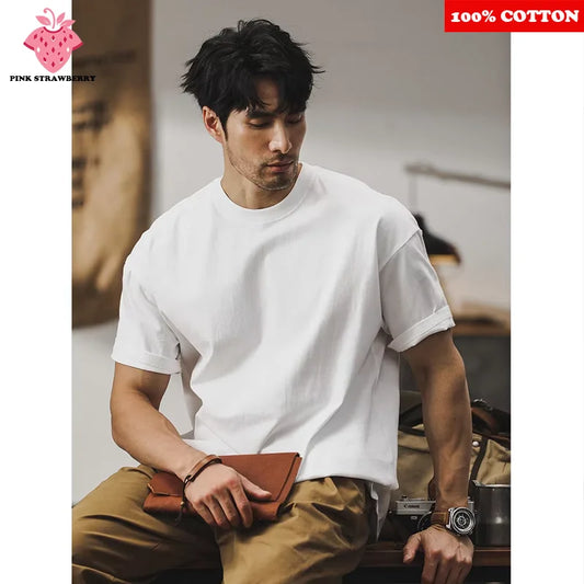 100% Cotton Solid Color White T-shirt Men's Summer 2025 New High quality Short Sleeve Tee Loose Casual Black Tops mens clothing