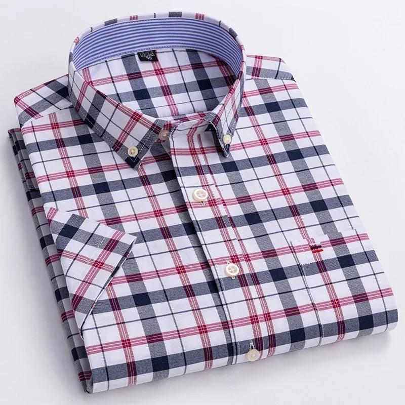 2024 100% Pure Cotton Men's Oxford Short Sleeve Square Collar Soild Plaid Striped Summer Casual Shirts Single Pocket  Shirt