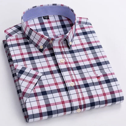 2024 100% Pure Cotton Men's Oxford Short Sleeve Square Collar Soild Plaid Striped Summer Casual Shirts Single Pocket  Shirt