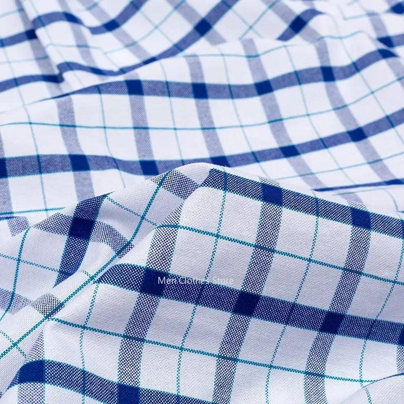 2024 100% Pure Cotton Men's Oxford Short Sleeve Square Collar Soild Plaid Striped Summer Casual Shirts Single Pocket  Shirt