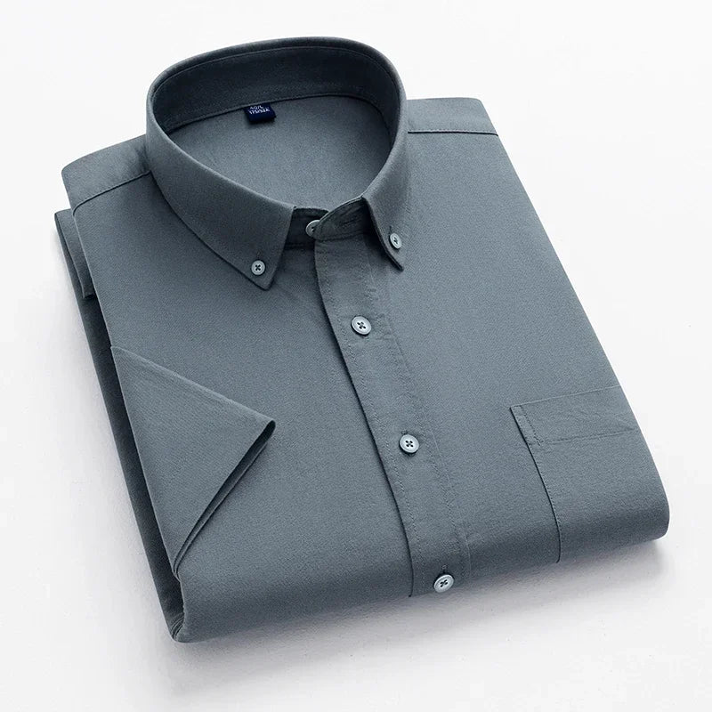 2024 100% Pure Cotton Men's Oxford Short Sleeve Square Collar Soild Plaid Striped Summer Casual Shirts Single Pocket  Shirt