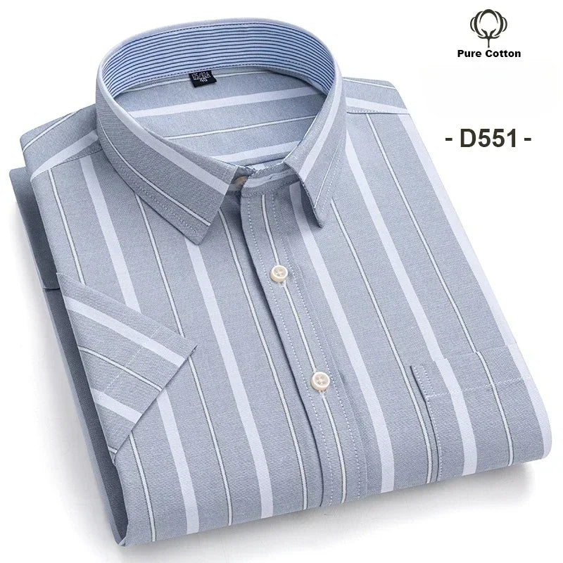 2024 100% Pure Cotton Men's Oxford Short Sleeve Square Collar Soild Plaid Striped Summer Casual Shirts Single Pocket  Shirt