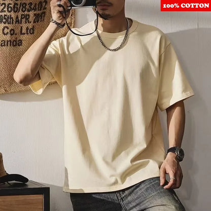 100% Cotton Solid Color White T-shirt Men's Summer 2025 New High quality Short Sleeve Tee Loose Casual Black Tops mens clothing