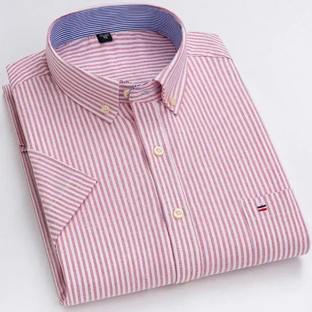 2024 100% Pure Cotton Men's Oxford Short Sleeve Square Collar Soild Plaid Striped Summer Casual Shirts Single Pocket  Shirt