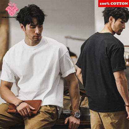 100% Cotton Solid Color White T-shirt Men's Summer 2025 New High quality Short Sleeve Tee Loose Casual Black Tops mens clothing