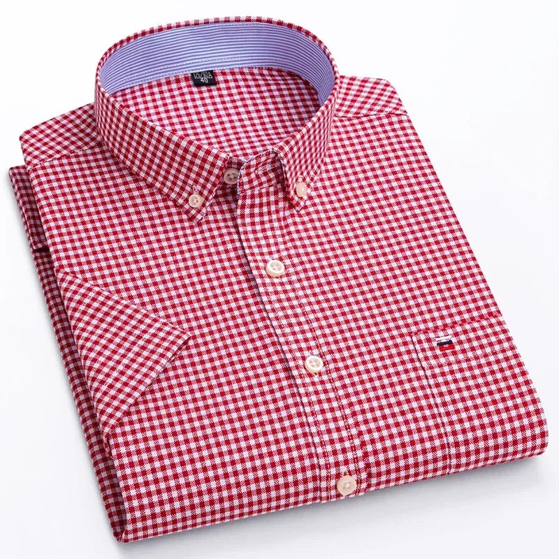 2024 100% Pure Cotton Men's Oxford Short Sleeve Square Collar Soild Plaid Striped Summer Casual Shirts Single Pocket  Shirt