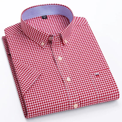2024 100% Pure Cotton Men's Oxford Short Sleeve Square Collar Soild Plaid Striped Summer Casual Shirts Single Pocket  Shirt
