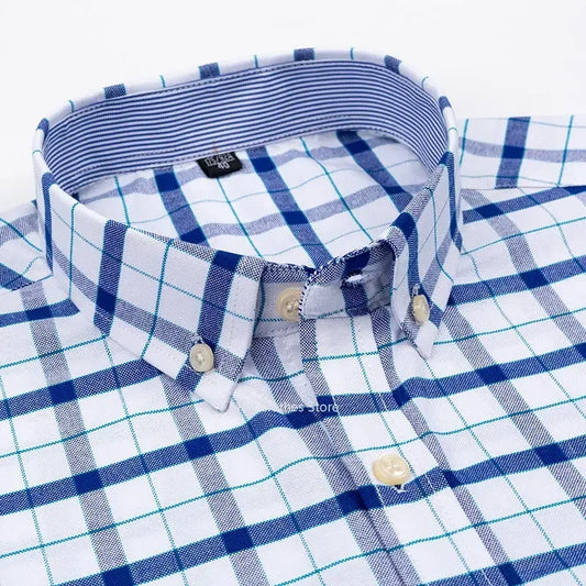 2024 100% Pure Cotton Men's Oxford Short Sleeve Square Collar Soild Plaid Striped Summer Casual Shirts Single Pocket  Shirt