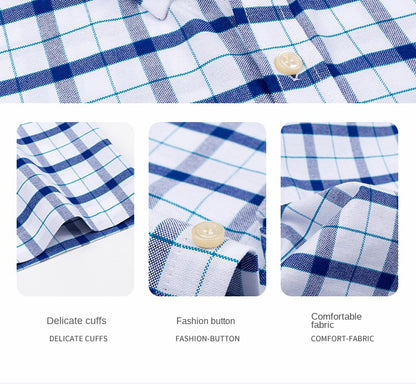 2024 100% Pure Cotton Men's Oxford Short Sleeve Square Collar Soild Plaid Striped Summer Casual Shirts Single Pocket  Shirt