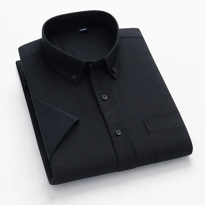 2024 100% Pure Cotton Men's Oxford Short Sleeve Square Collar Soild Plaid Striped Summer Casual Shirts Single Pocket  Shirt