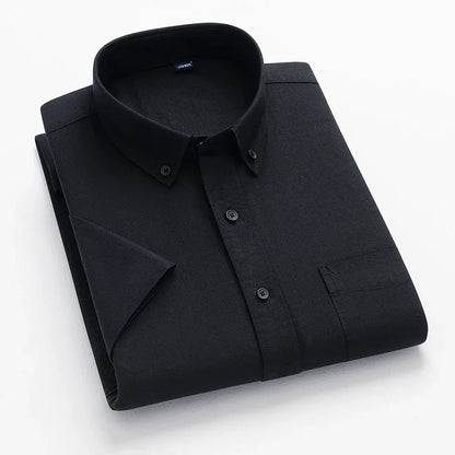 2024 100% Pure Cotton Men's Oxford Short Sleeve Square Collar Soild Plaid Striped Summer Casual Shirts Single Pocket  Shirt